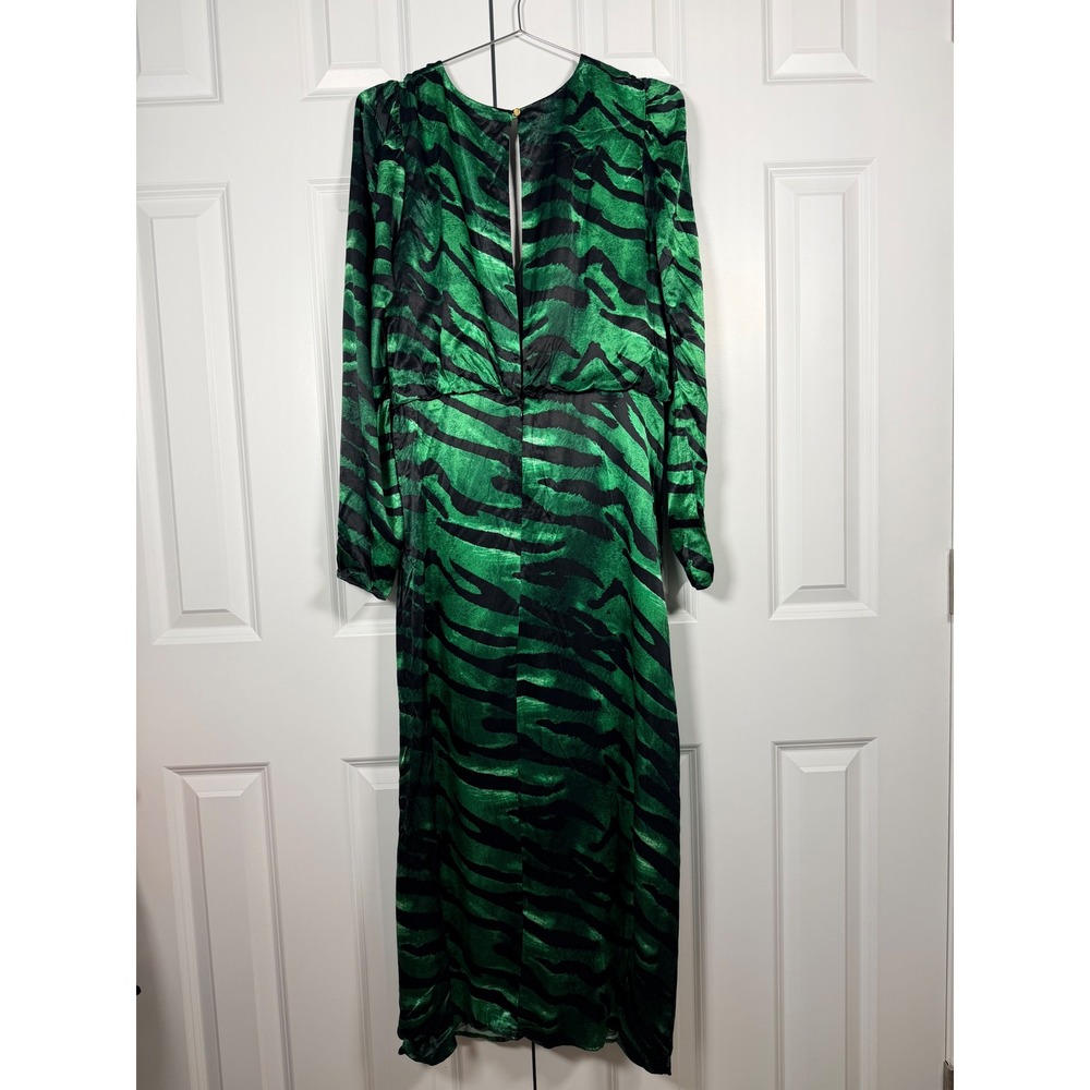 NWT Topshop Green Black Zebra Print Ruched V-Neck Midi Dress Long Sleeve sz12 - Picture 11 of 13